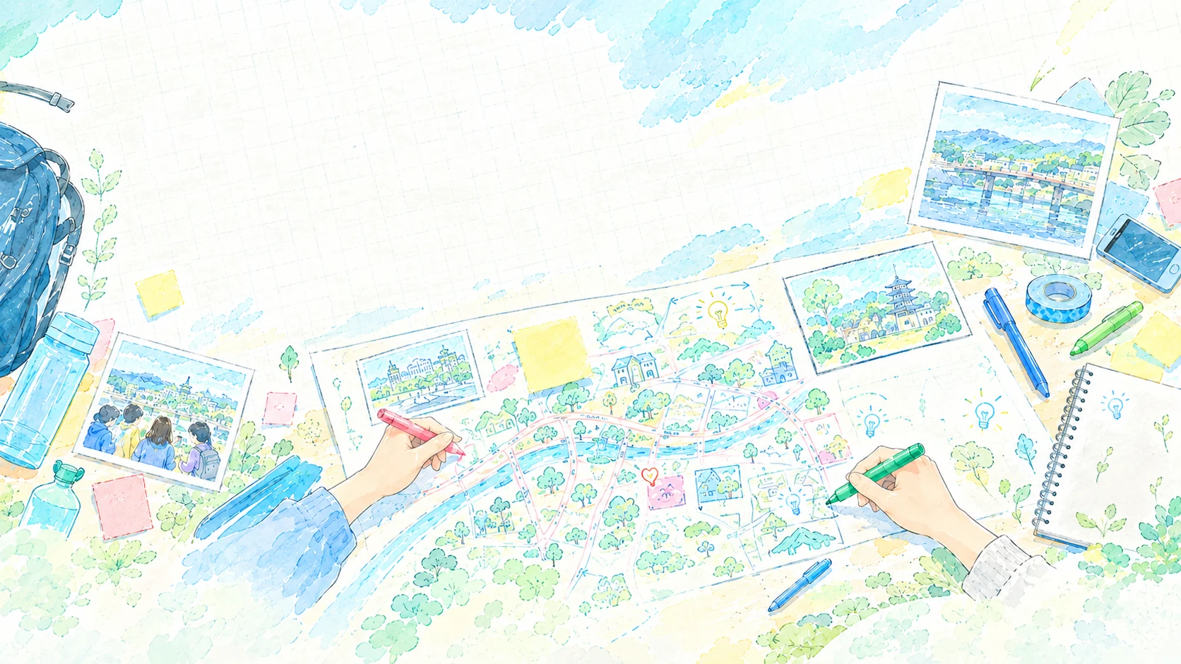 宇治のまちの地図を広げて、みんなで遊び方を描き込んでいるようすのイラスト。まちであそぶ、をつくる — Playable City 入門ワークショップ（宇治NEXT）