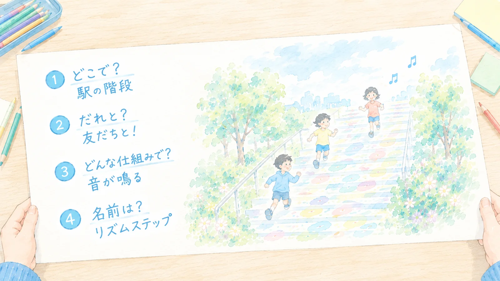 アイデアシートの記入例。① どこで？駅の階段、② だれと？友だちと！、③ どんな仕組みで？音が鳴る、④ 名前は？リズムステップ。右側には、色とりどりの丸が描かれた階段を子どもたちがかけ上がり、音符が鳴っている絵が描かれている。